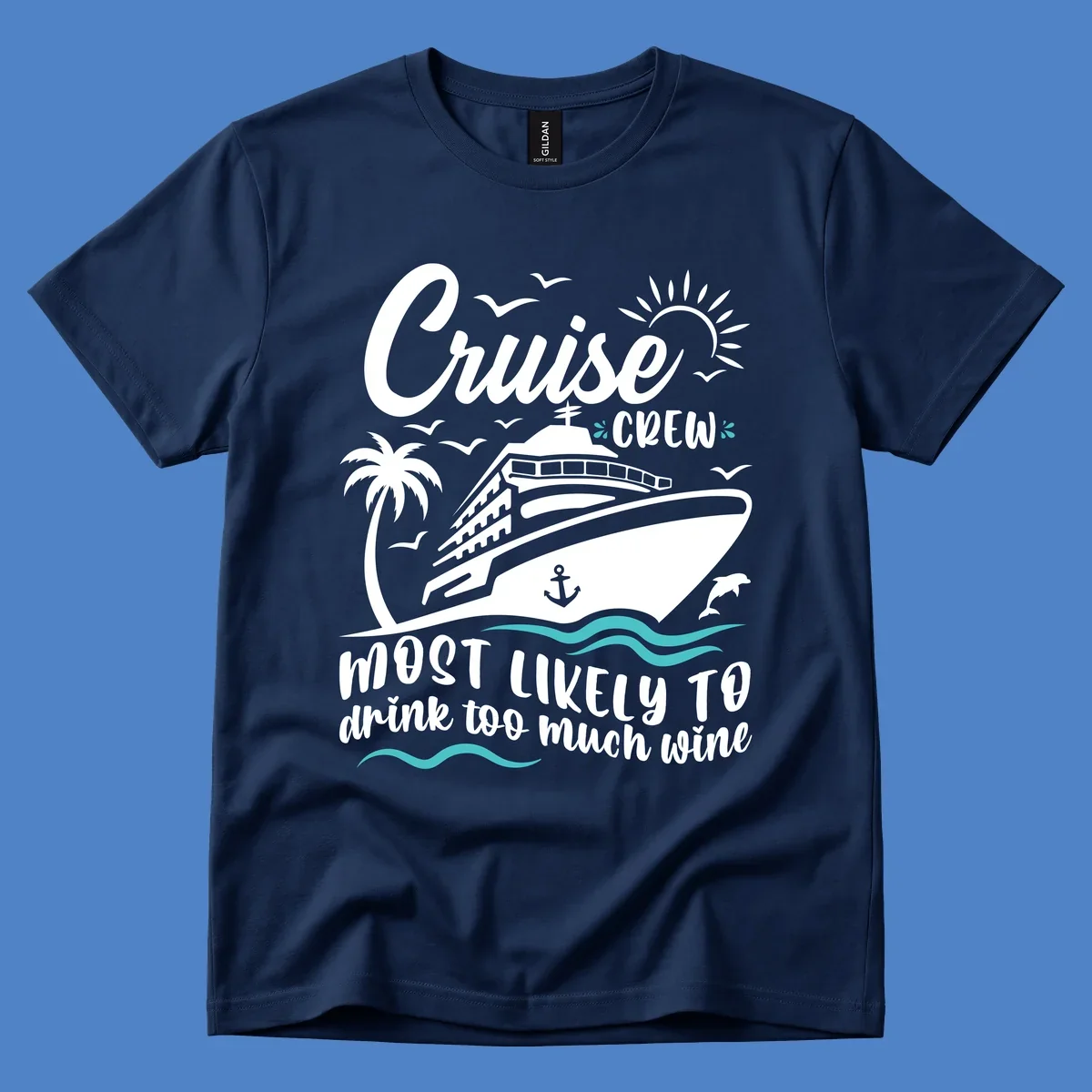 Cruise ship illustration with tropical elements and text reading 'Cruise Crew most likely to drink too much wine' in white and teal on gray background