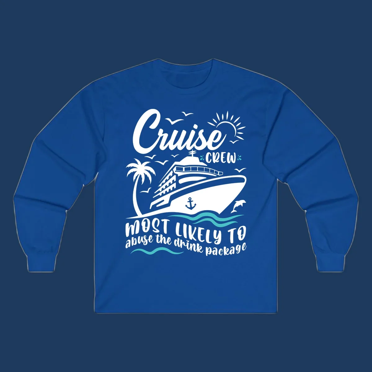 Cruise crew most likely to abuse the drink package design with ship, palm tree, waves, and sun