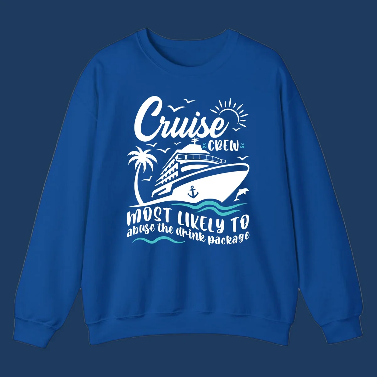 Cruise crew most likely to abuse the drink package design with ship, palm tree, waves, and sun