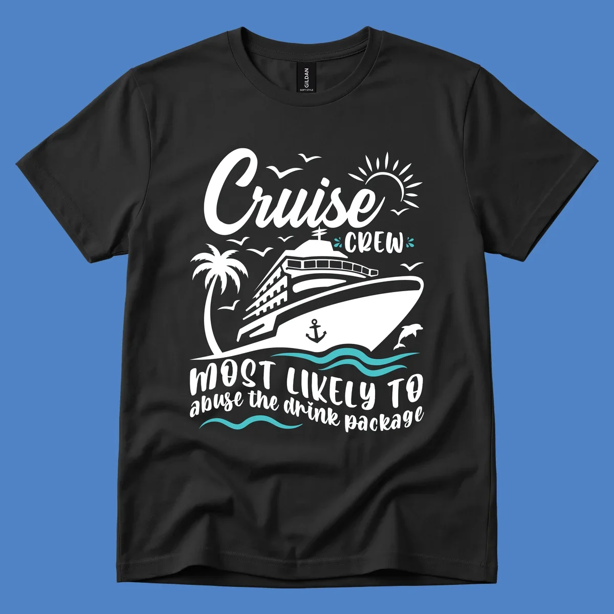Cruise crew most likely to abuse the drink package design with ship, palm tree, waves, and sun