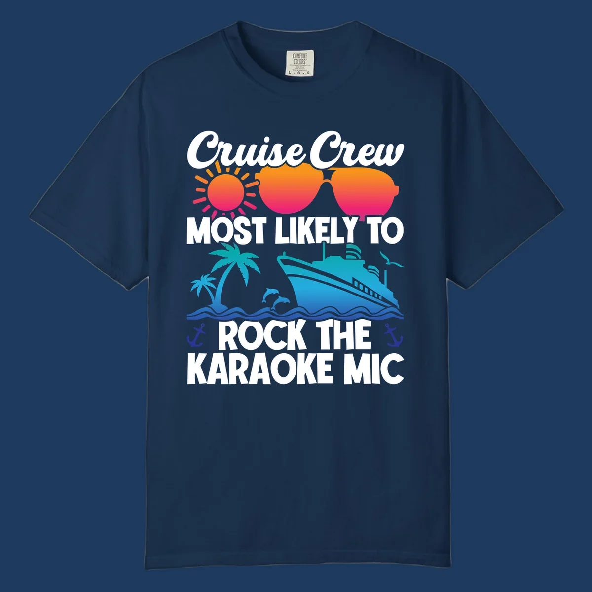 Cruise crew karaoke graphic with sunglasses, sun, ship, and palm tree on gray background with colorful gradient text