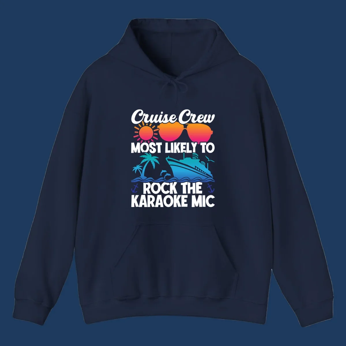 Cruise crew karaoke graphic with sunglasses, sun, ship, and palm tree on gray background with colorful gradient text