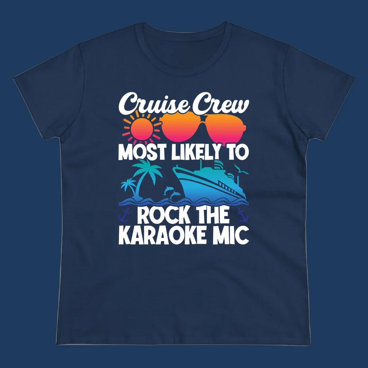 Cruise crew karaoke graphic with sunglasses, sun, ship, and palm tree on gray background with colorful gradient text