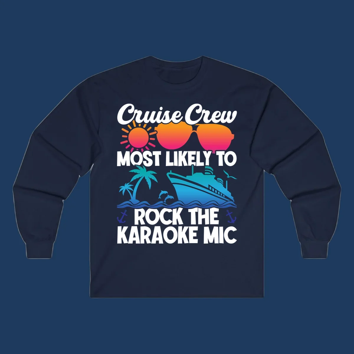 Cruise crew karaoke graphic with sunglasses, sun, ship, and palm tree on gray background with colorful gradient text