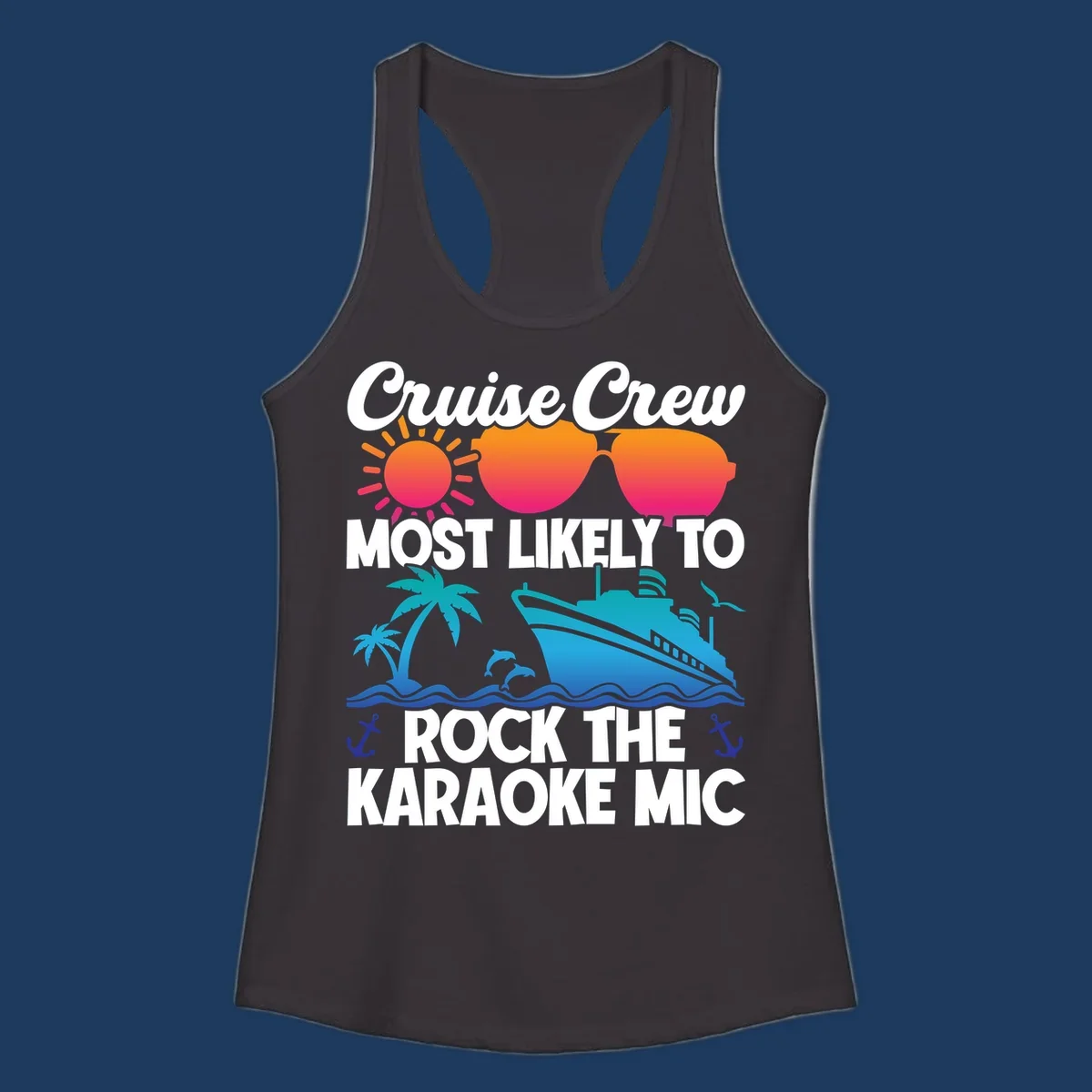 Cruise crew karaoke graphic with sunglasses, sun, ship, and palm tree on gray background with colorful gradient text