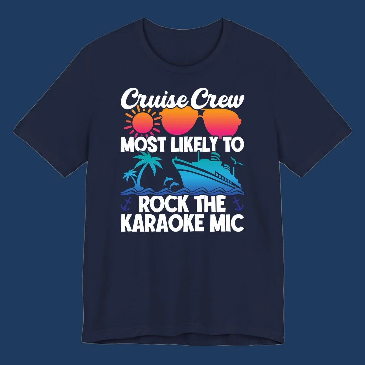 Cruise crew karaoke graphic with sunglasses, sun, ship, and palm tree on gray background with colorful gradient text