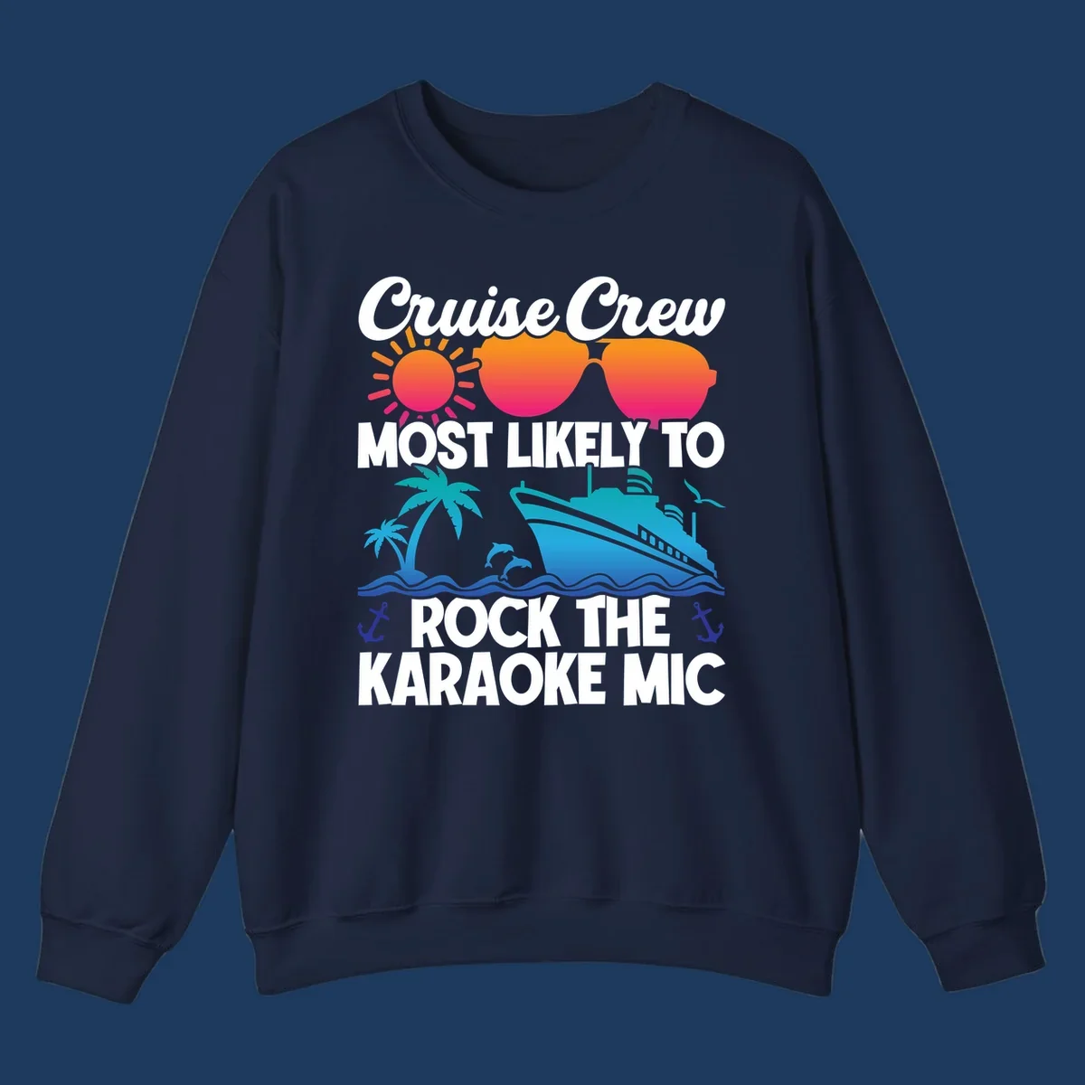Cruise crew karaoke graphic with sunglasses, sun, ship, and palm tree on gray background with colorful gradient text