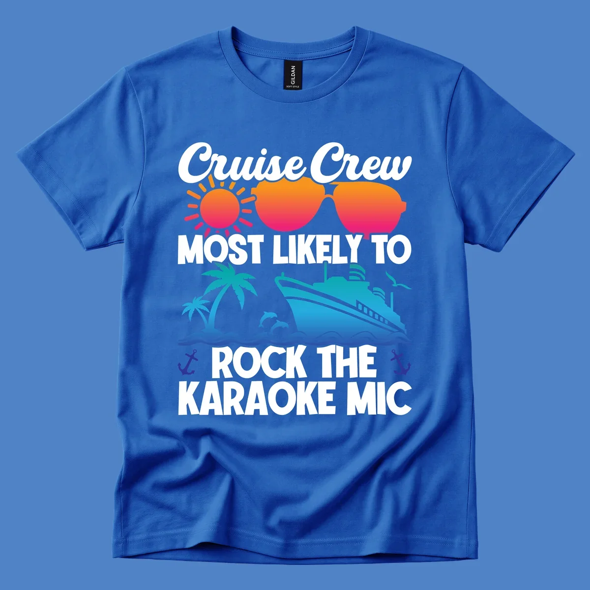Cruise crew karaoke graphic with sunglasses, sun, ship, and palm tree on gray background with colorful gradient text