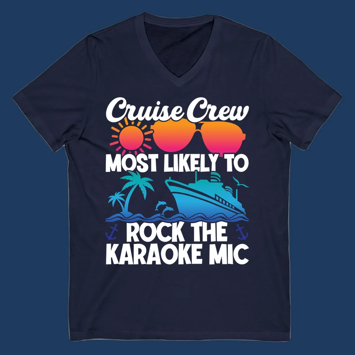 Cruise crew karaoke graphic with sunglasses, sun, ship, and palm tree on gray background with colorful gradient text