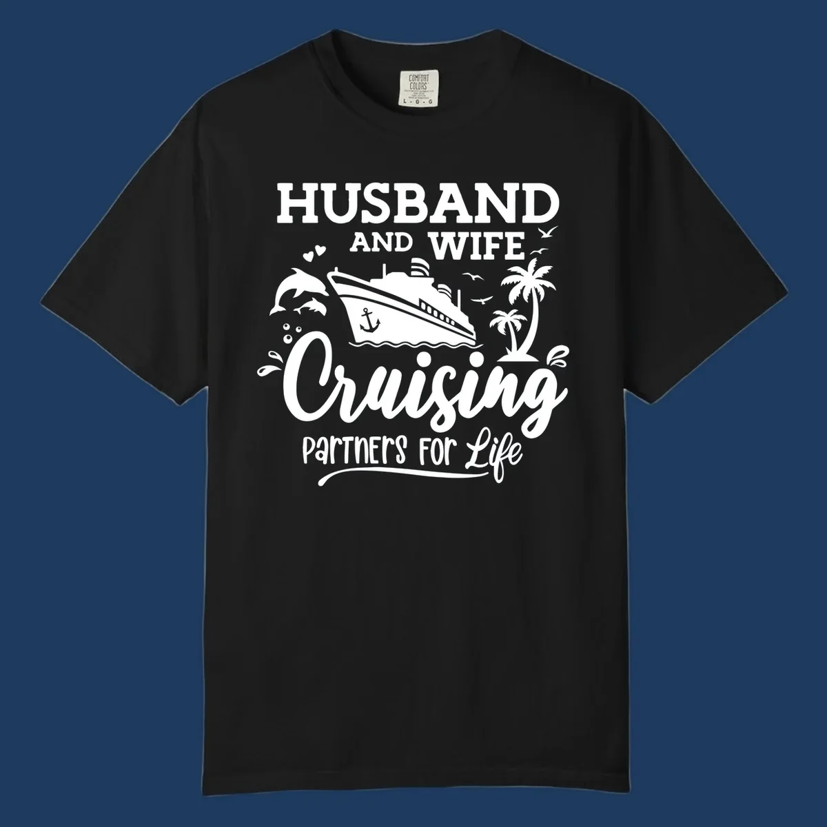 Husband and wife cruising partners for life design with cruise ship, dolphins, palm trees, and nautical elements on gray background