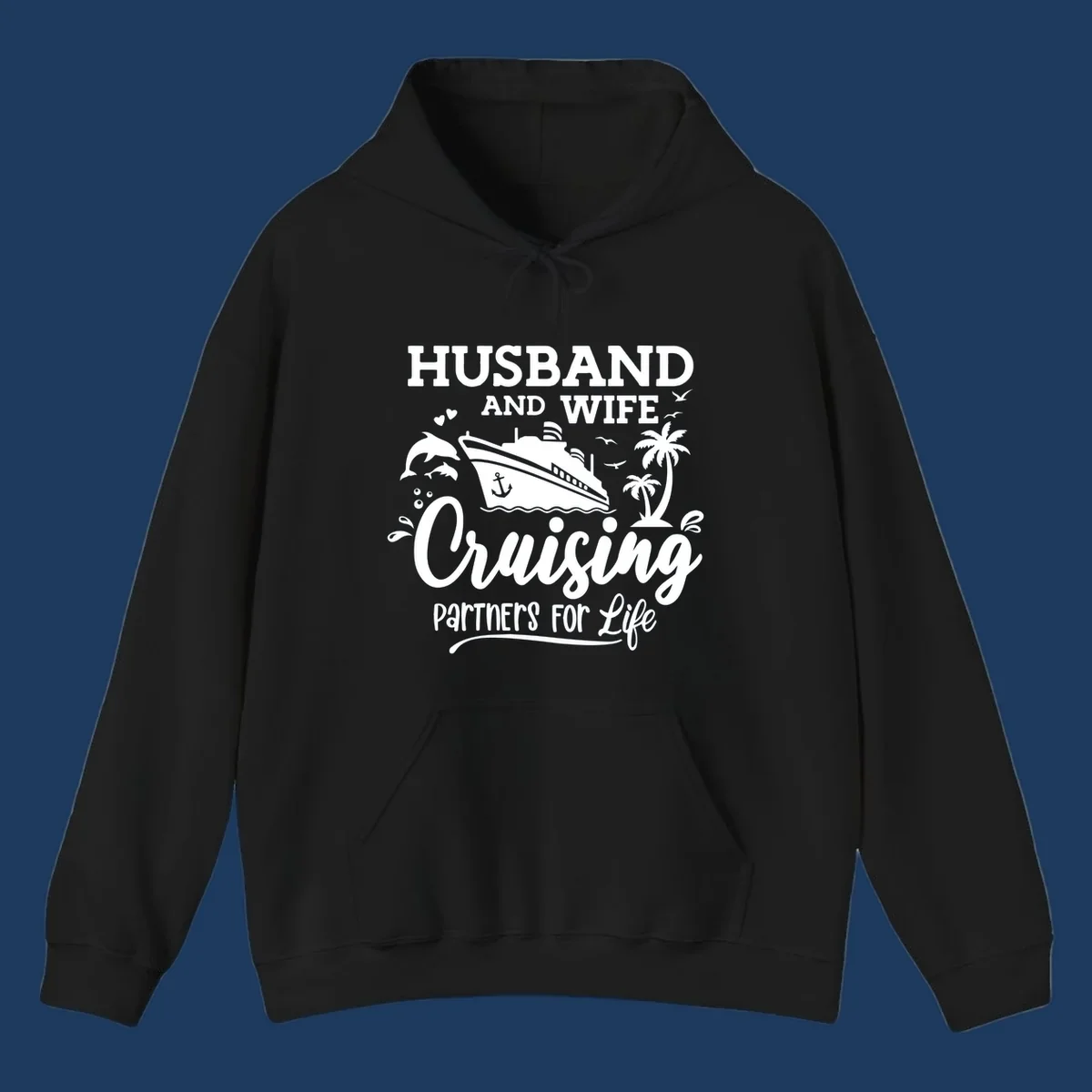 Husband and wife cruising partners for life design with cruise ship, dolphins, palm trees, and nautical elements on gray background