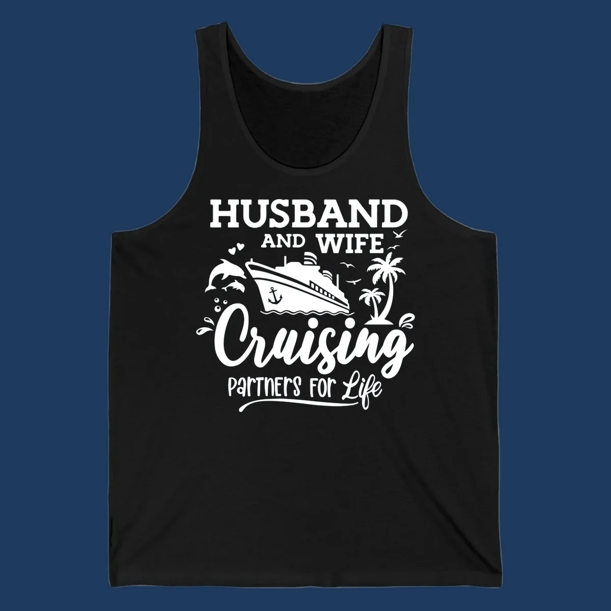 Husband and wife cruising partners for life design with cruise ship, dolphins, palm trees, and nautical elements on gray background