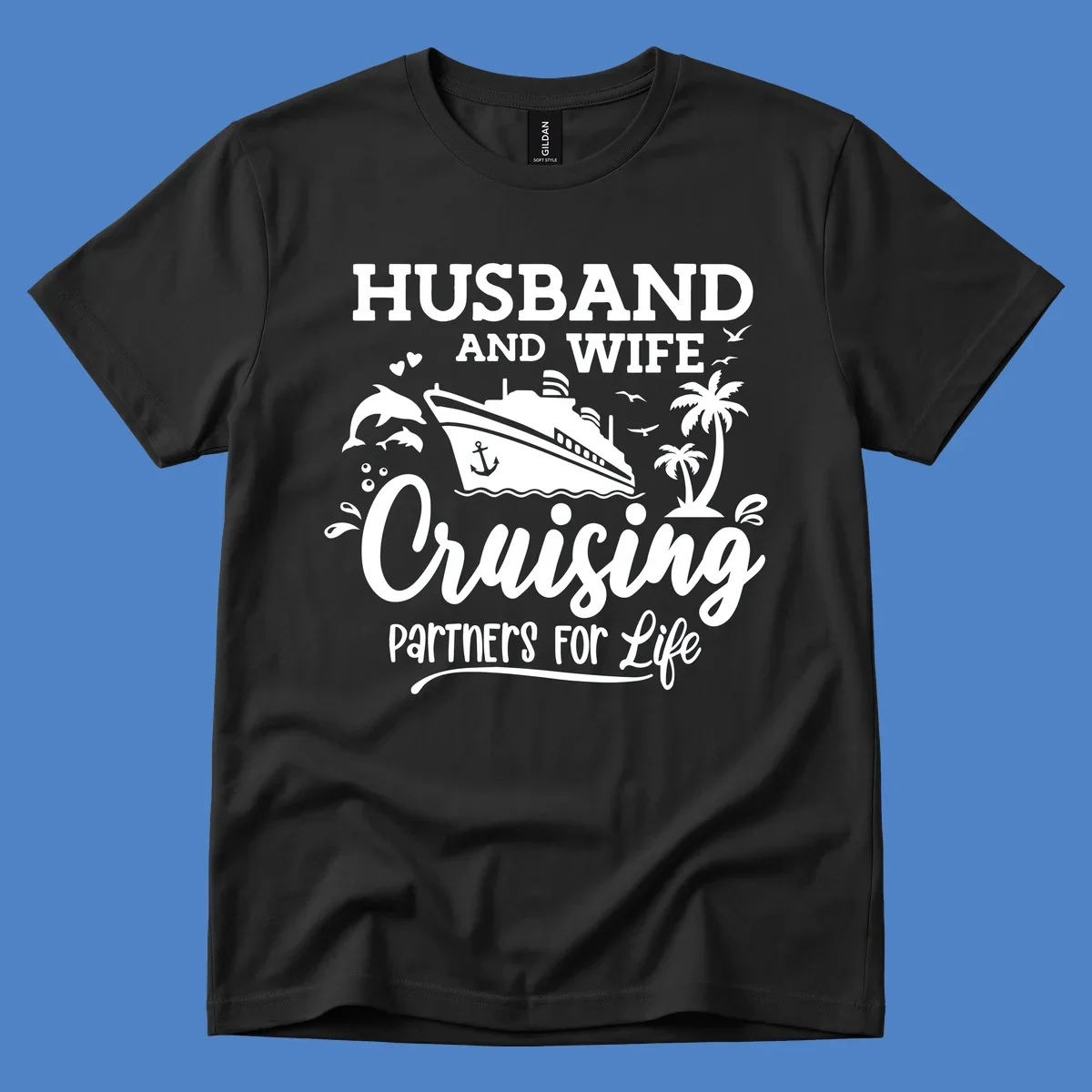 Husband and wife cruising partners for life design with cruise ship, dolphins, palm trees, and nautical elements on gray background