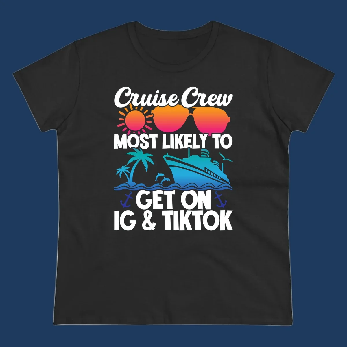 Cruise crew social media design with sun, heart sunglasses, ship, palm tree, waves and anchors on gray background