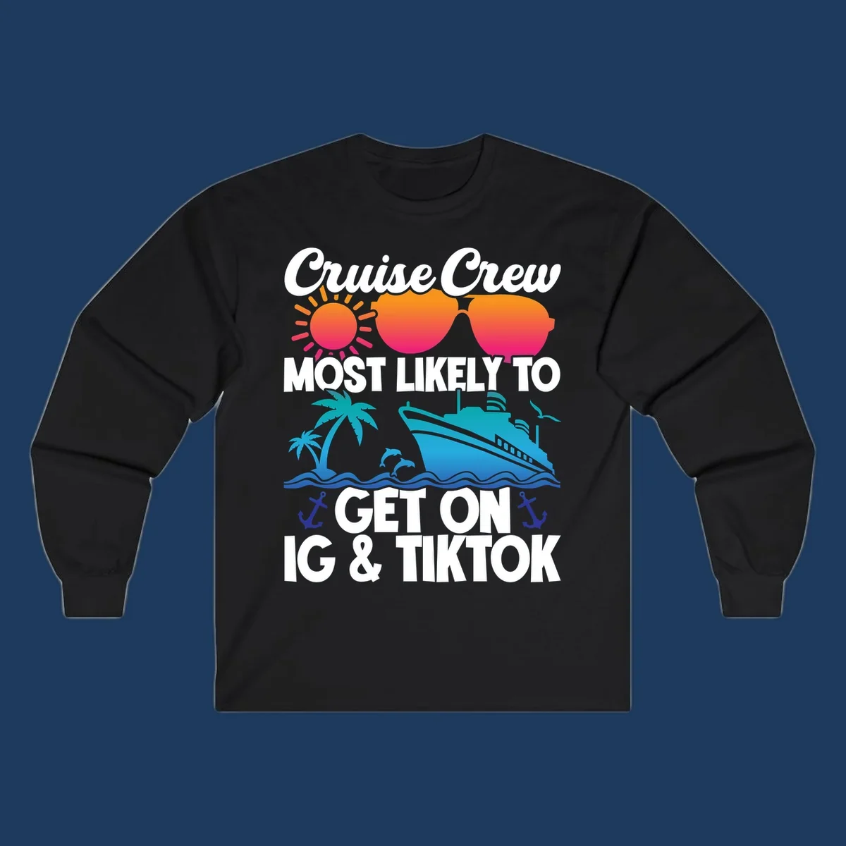 Cruise crew social media design with sun, heart sunglasses, ship, palm tree, waves and anchors on gray background
