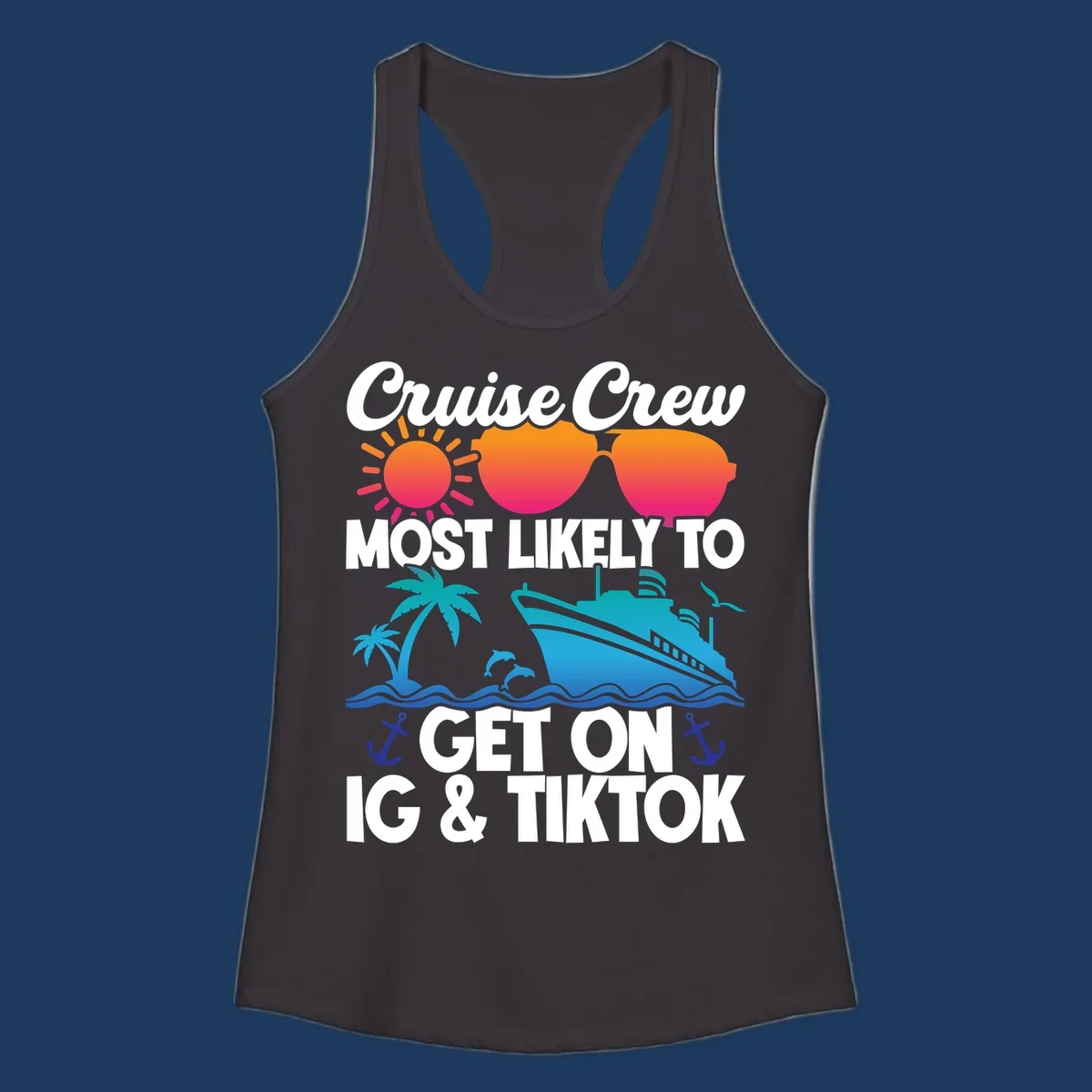 Cruise crew social media design with sun, heart sunglasses, ship, palm tree, waves and anchors on gray background