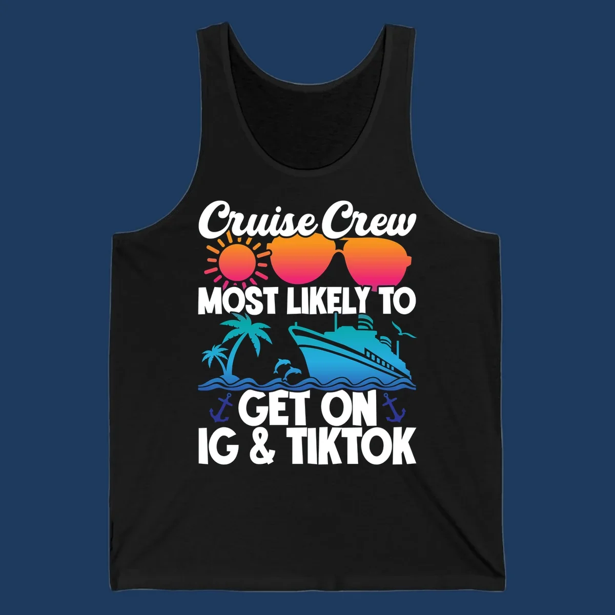 Cruise crew social media design with sun, heart sunglasses, ship, palm tree, waves and anchors on gray background