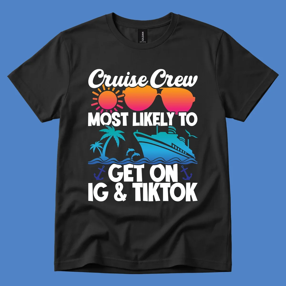 Cruise crew social media design with sun, heart sunglasses, ship, palm tree, waves and anchors on gray background