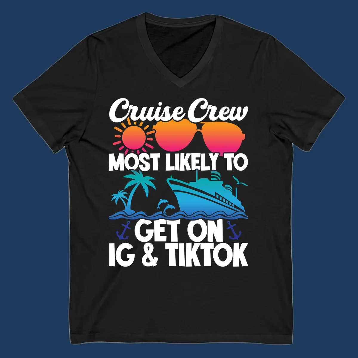 Cruise crew social media design with sun, heart sunglasses, ship, palm tree, waves and anchors on gray background