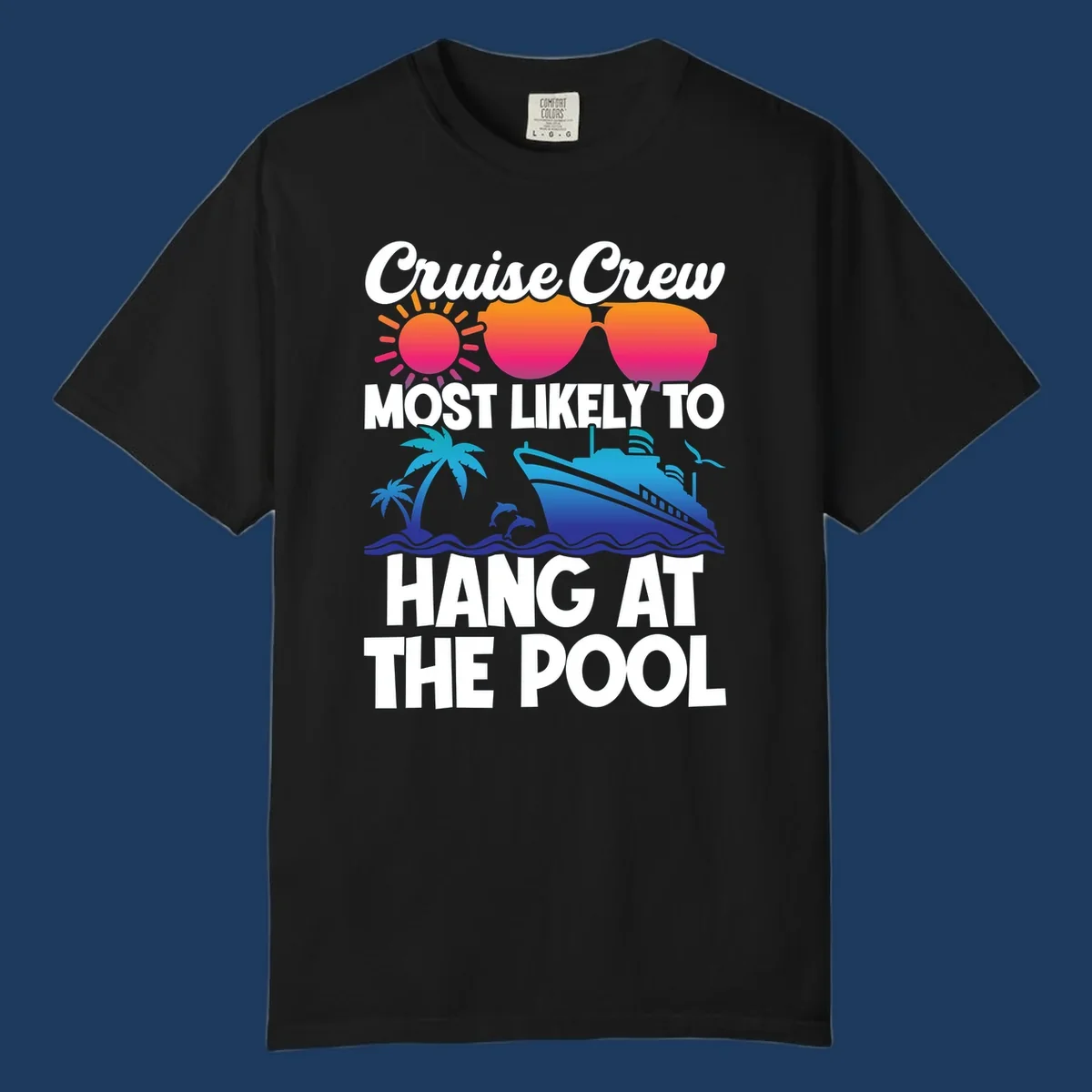 Cruise crew pool hang design with sun, heart sunglasses, palm trees, dolphins, and ship on ocean waves