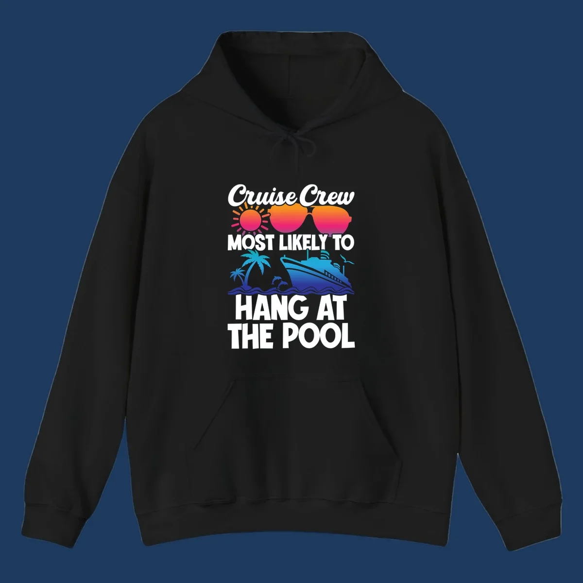 Cruise crew pool hang design with sun, heart sunglasses, palm trees, dolphins, and ship on ocean waves