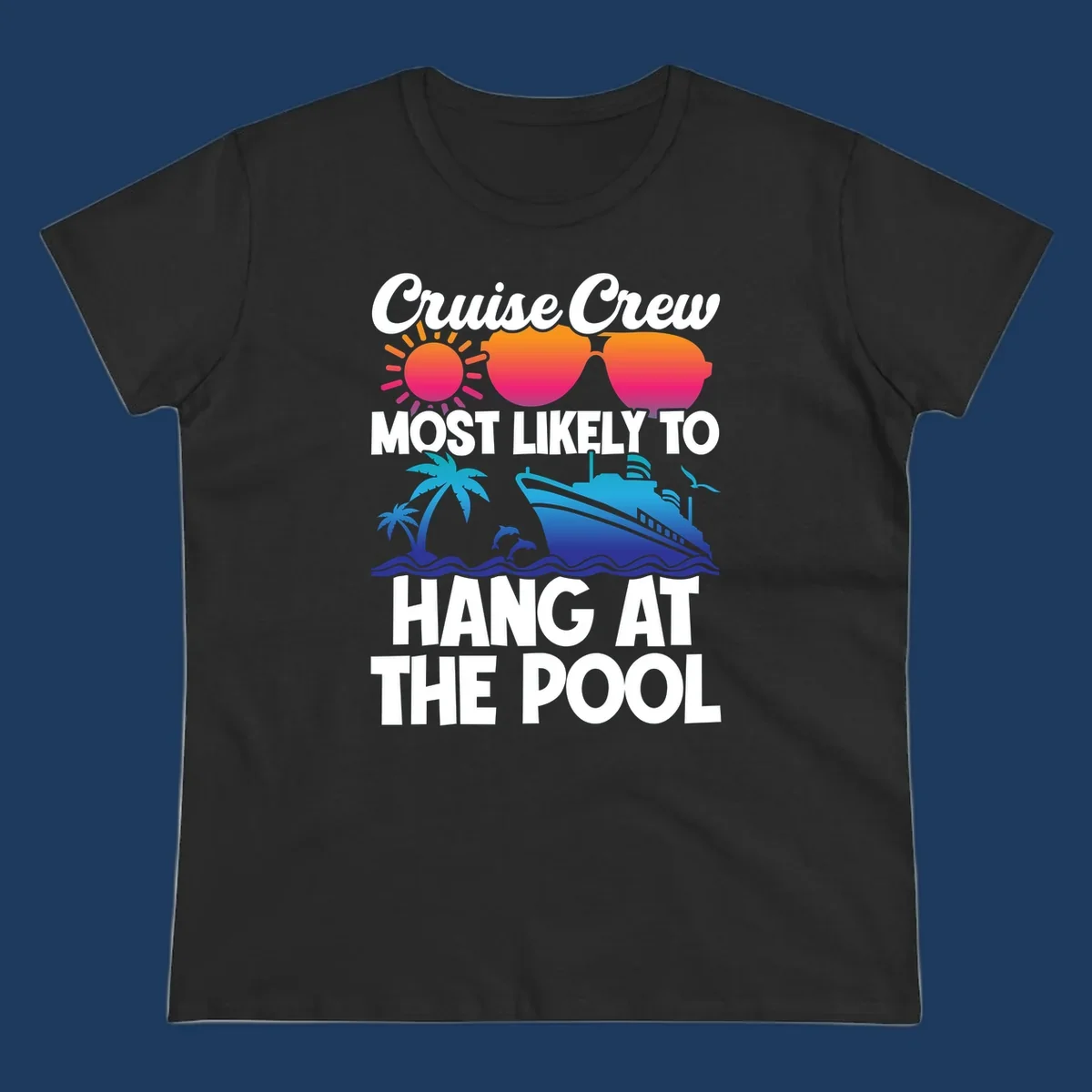 Cruise crew pool hang design with sun, heart sunglasses, palm trees, dolphins, and ship on ocean waves