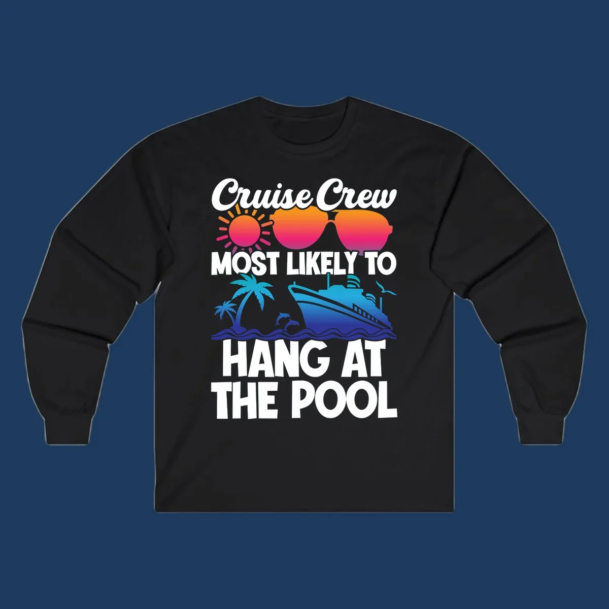 Cruise crew pool hang design with sun, heart sunglasses, palm trees, dolphins, and ship on ocean waves
