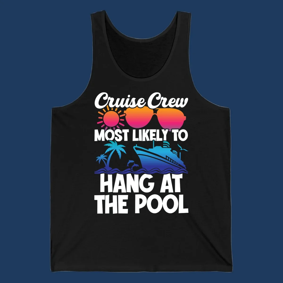 Cruise crew pool hang design with sun, heart sunglasses, palm trees, dolphins, and ship on ocean waves