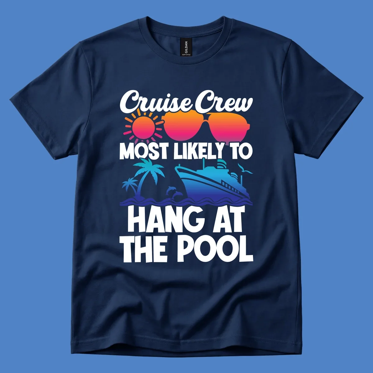 Cruise crew pool hang design with sun, heart sunglasses, palm trees, dolphins, and ship on ocean waves