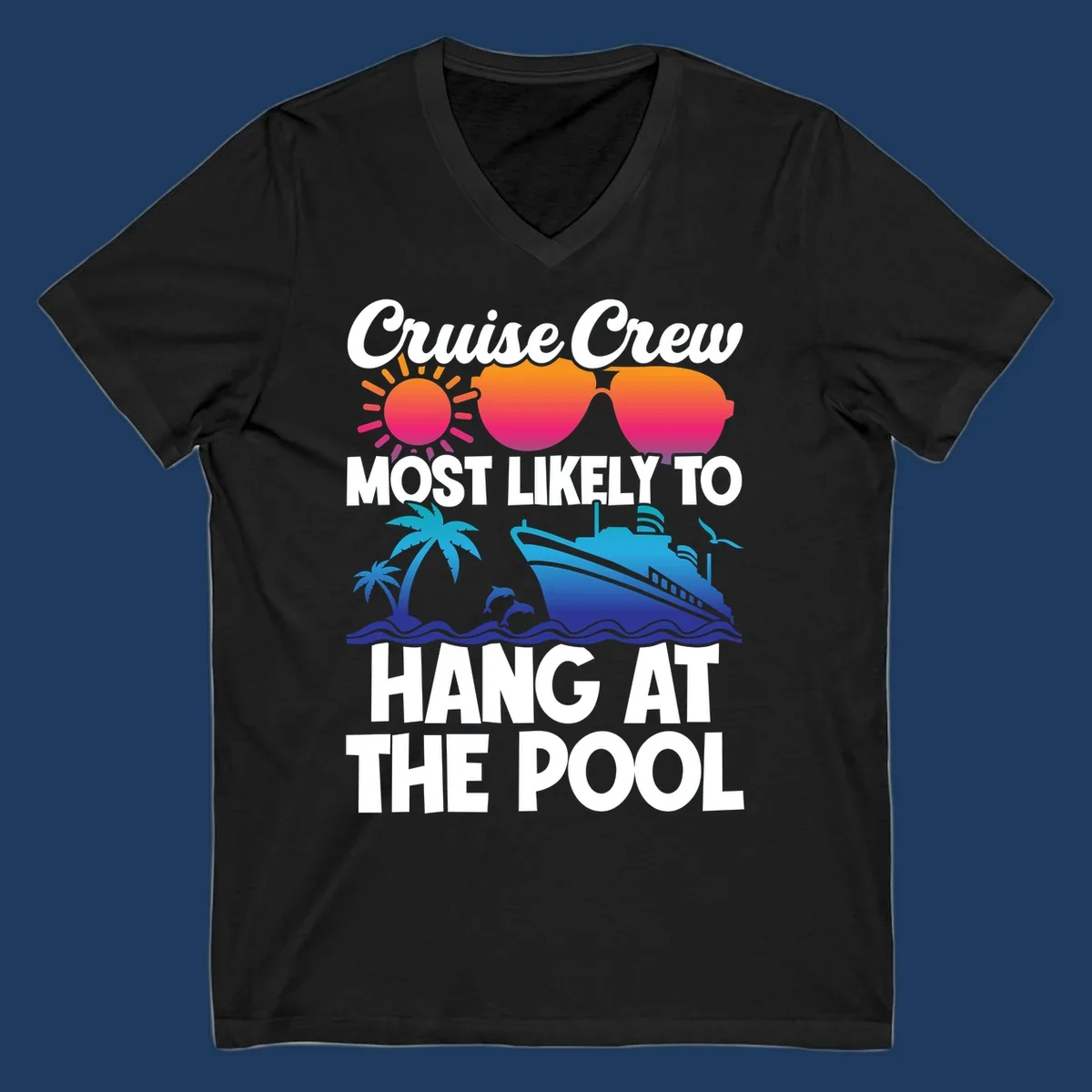 Cruise crew pool hang design with sun, heart sunglasses, palm trees, dolphins, and ship on ocean waves