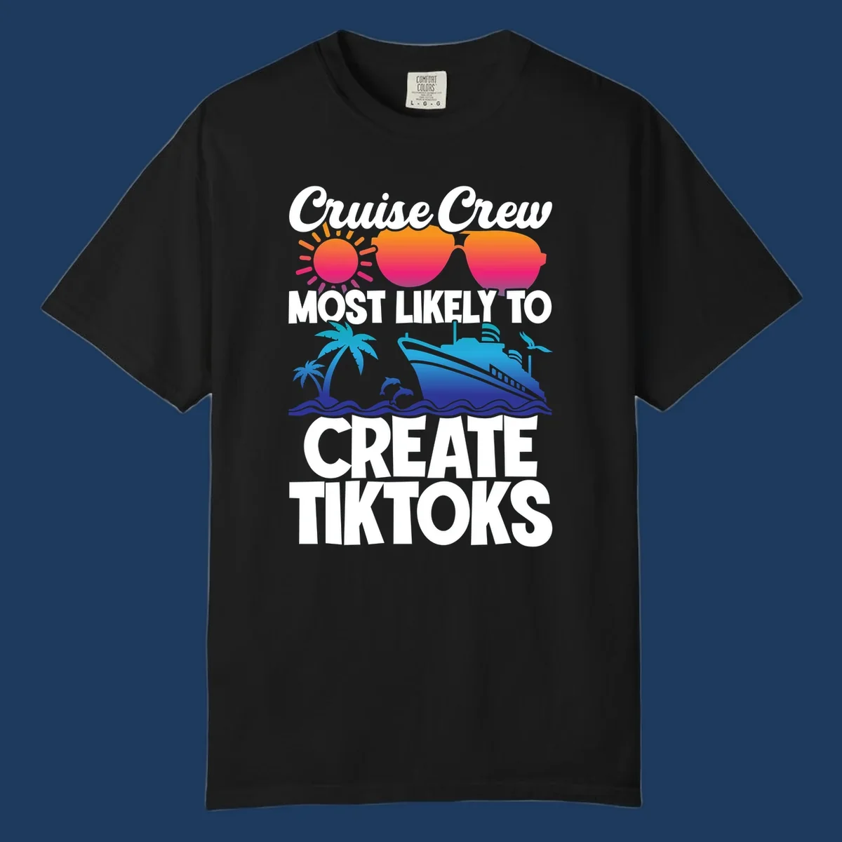 Cruise crew most likely to create tiktoks design with sunglasses, sun, palm trees, dolphins, ship, and ocean waves on gray background