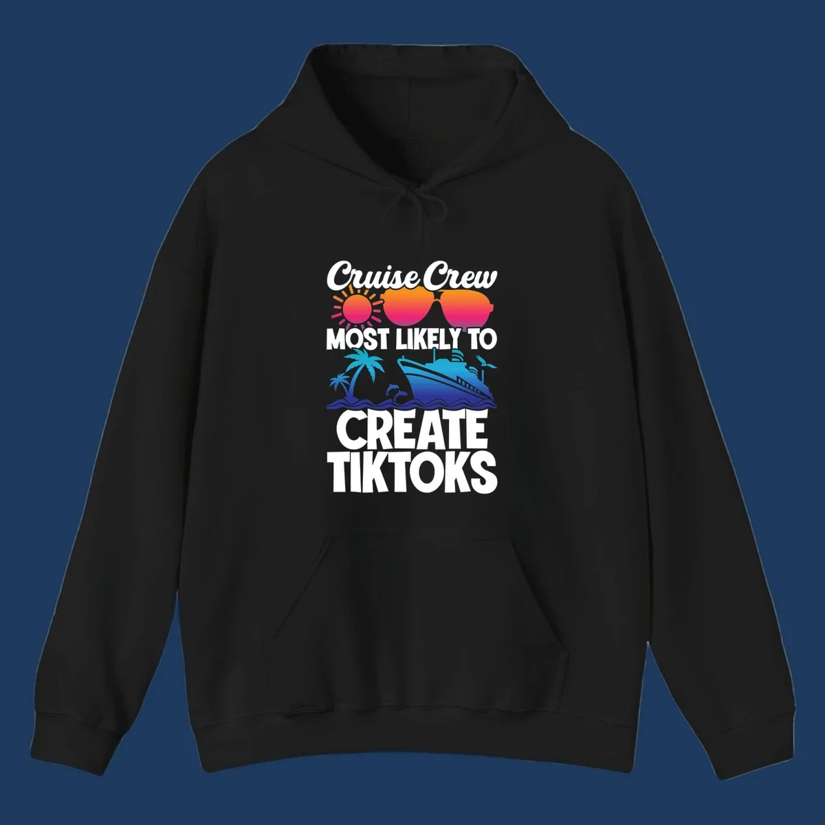Cruise crew most likely to create tiktoks design with sunglasses, sun, palm trees, dolphins, ship, and ocean waves on gray background