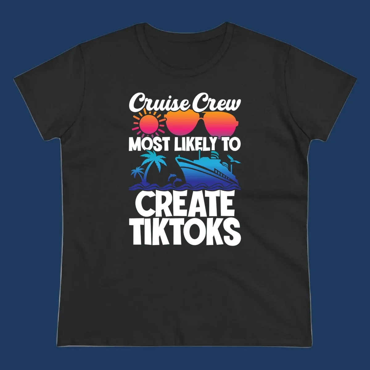 Cruise crew most likely to create tiktoks design with sunglasses, sun, palm trees, dolphins, ship, and ocean waves on gray background