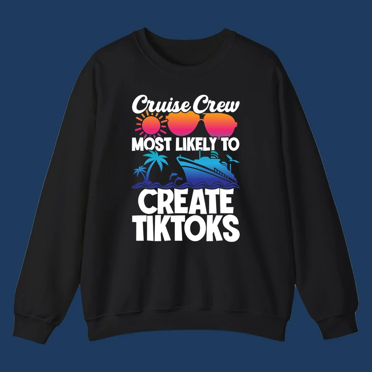 Cruise crew most likely to create tiktoks design with sunglasses, sun, palm trees, dolphins, ship, and ocean waves on gray background
