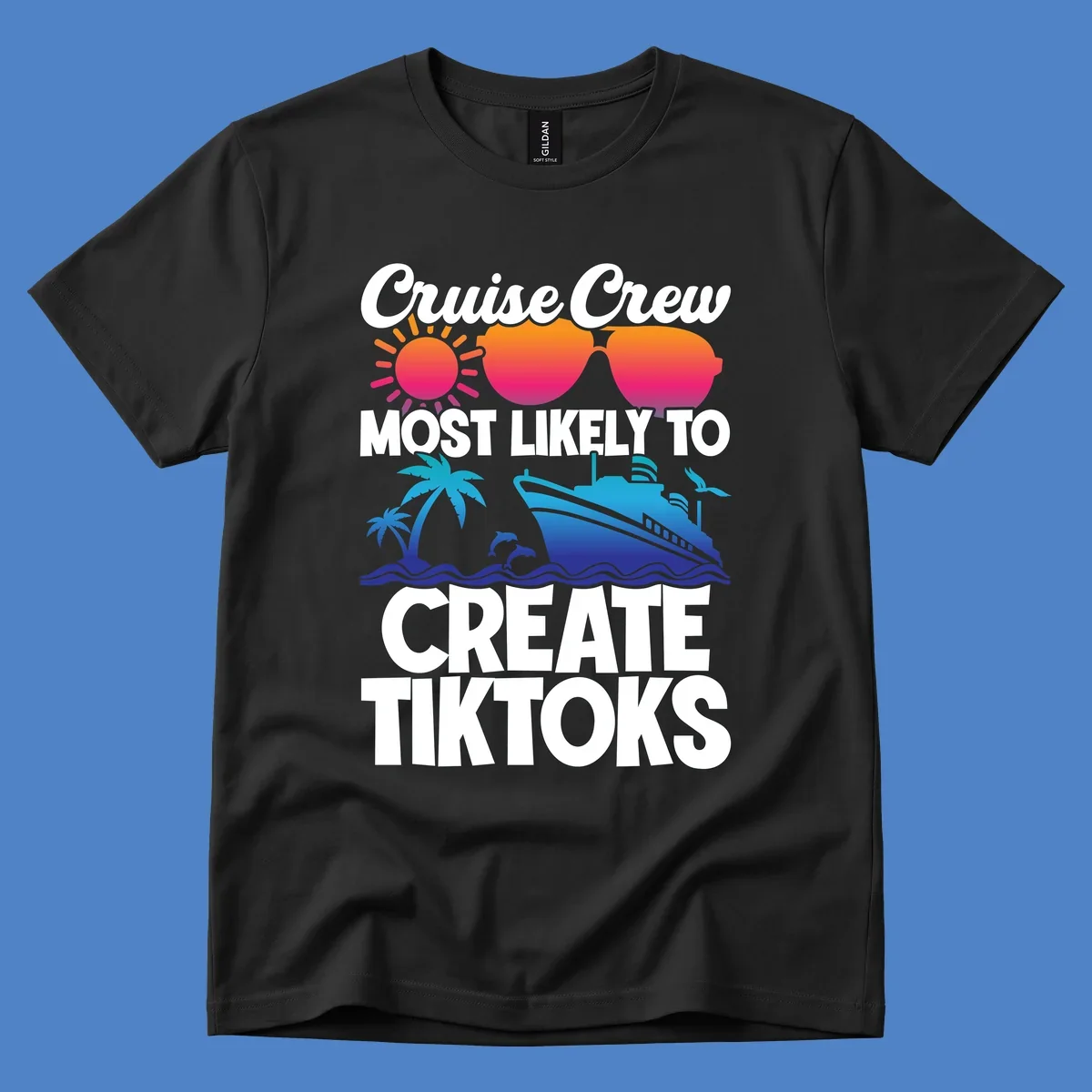 Cruise crew most likely to create tiktoks design with sunglasses, sun, palm trees, dolphins, ship, and ocean waves on gray background