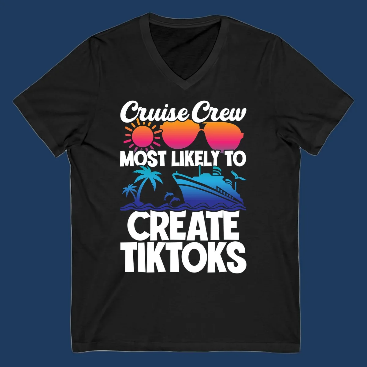 Cruise crew most likely to create tiktoks design with sunglasses, sun, palm trees, dolphins, ship, and ocean waves on gray background
