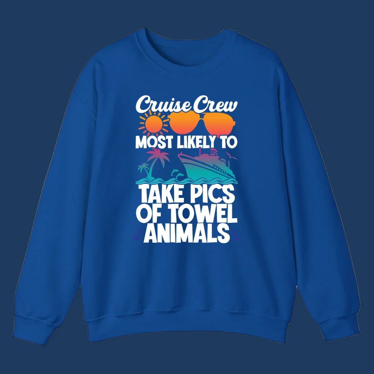 Colorful cruise-themed design with sun, sunglasses, palm tree, and ship saying Cruise Crew Most Likely To Take Pics Of Towel Animals