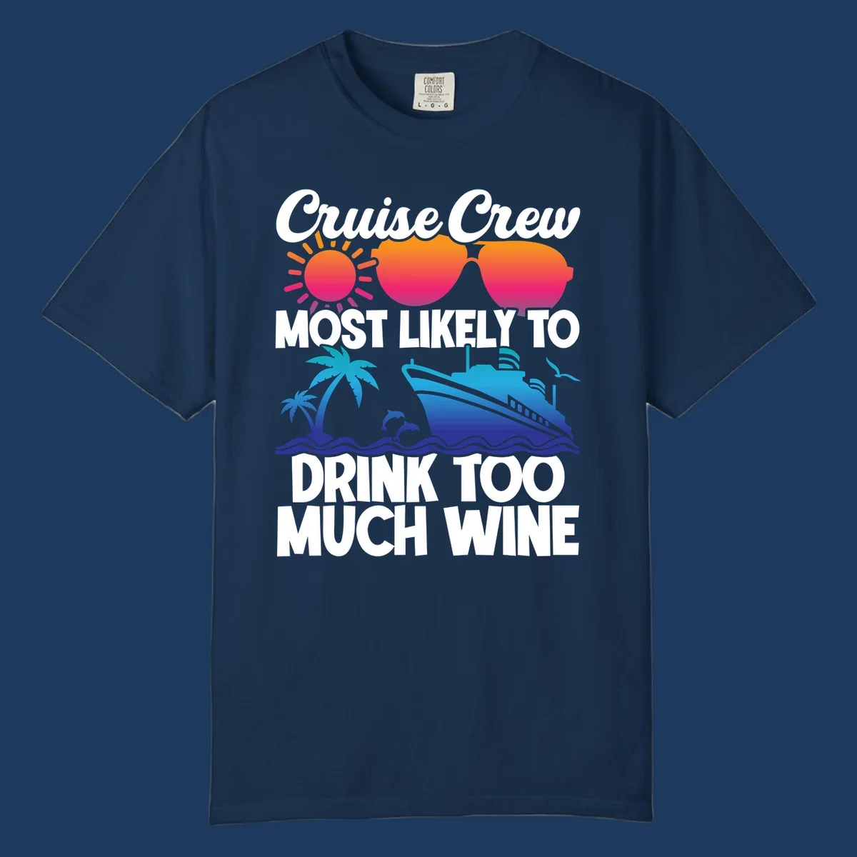 Cruise crew wine superlative design with sunglasses, sun, palm tree, dolphins, and ship on tropical ocean background