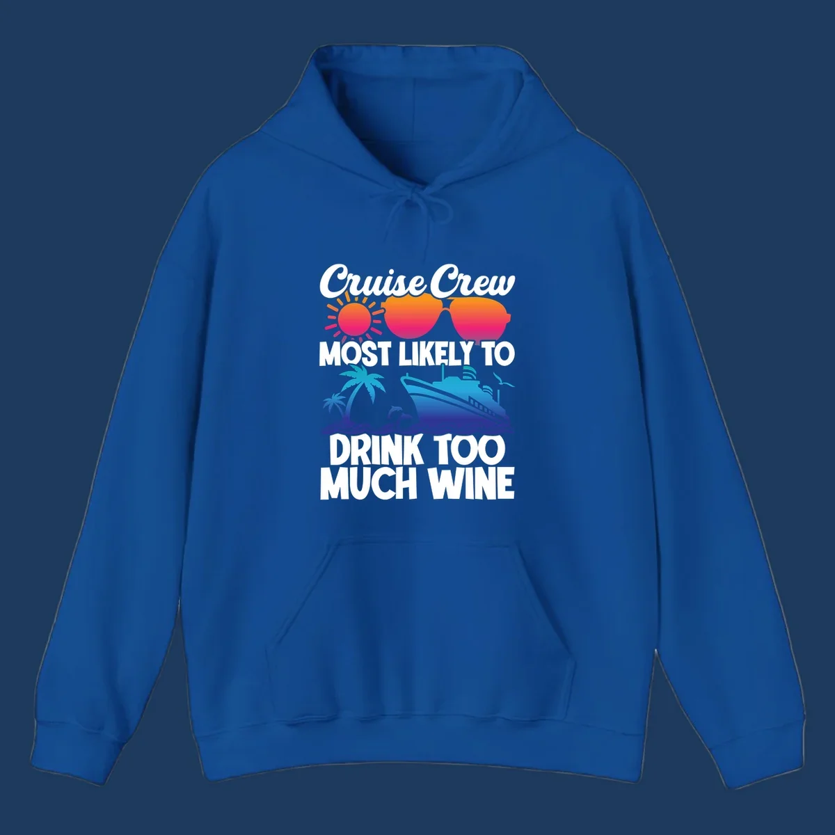 Cruise crew wine superlative design with sunglasses, sun, palm tree, dolphins, and ship on tropical ocean background