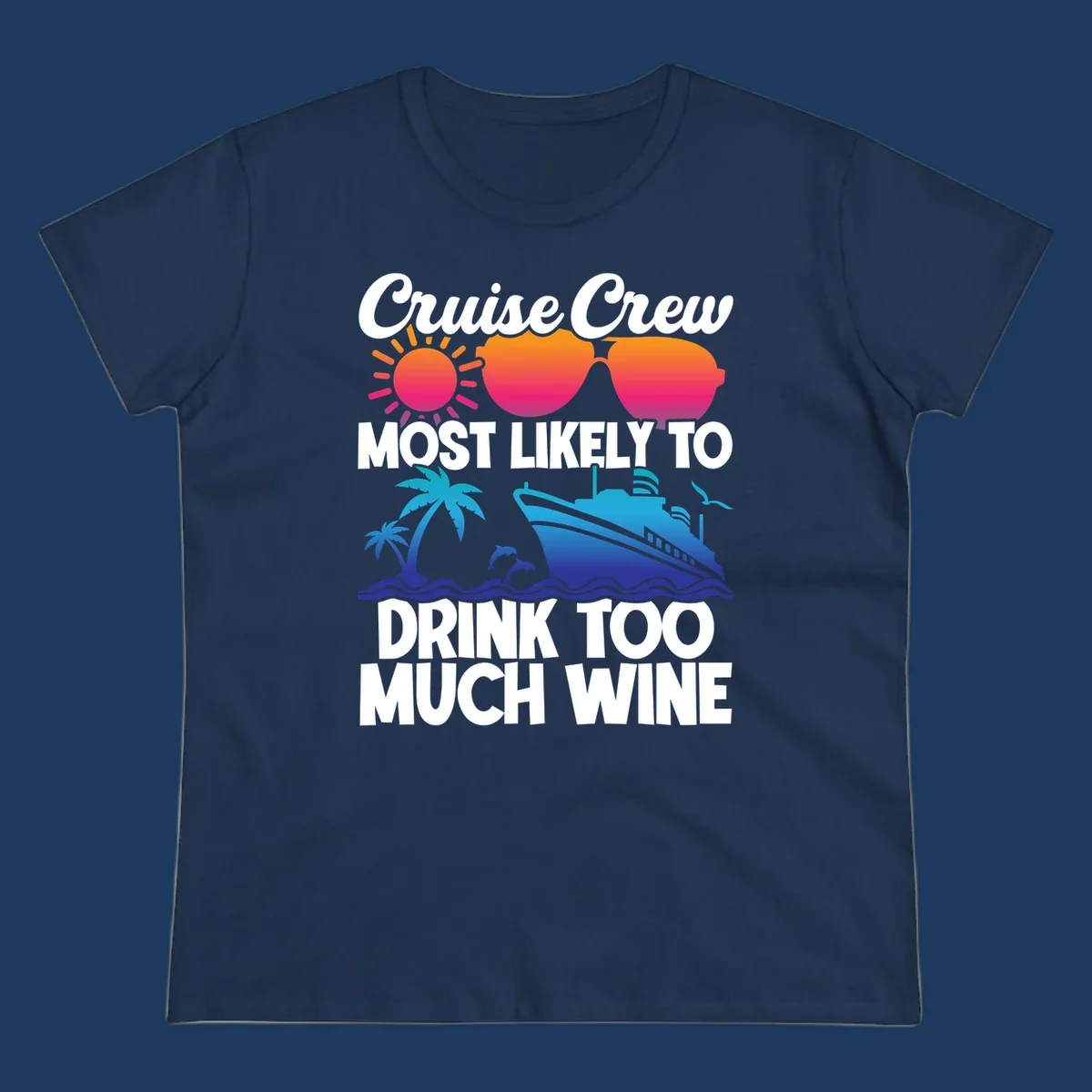 Cruise crew wine superlative design with sunglasses, sun, palm tree, dolphins, and ship on tropical ocean background