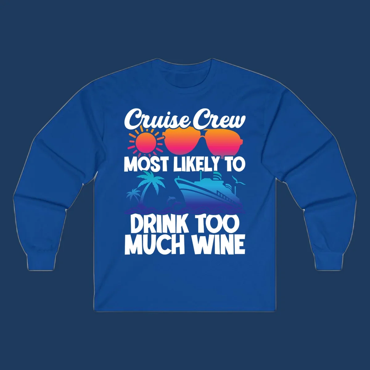 Cruise crew wine superlative design with sunglasses, sun, palm tree, dolphins, and ship on tropical ocean background