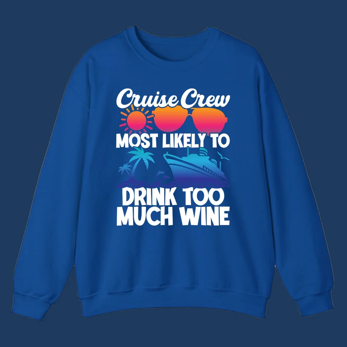 Cruise crew wine superlative design with sunglasses, sun, palm tree, dolphins, and ship on tropical ocean background