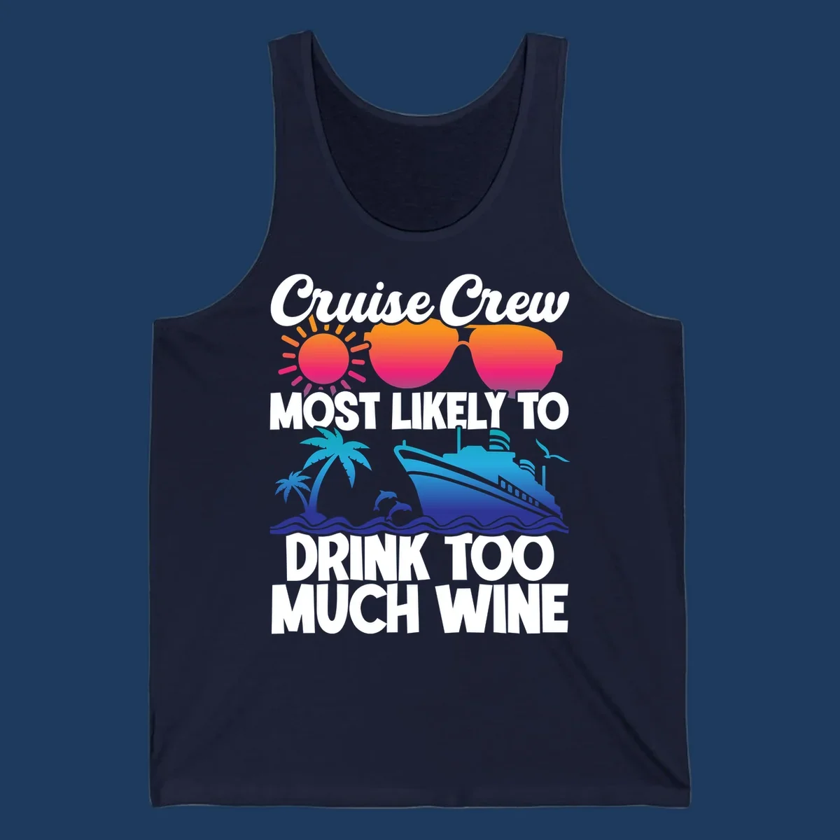 Cruise crew wine superlative design with sunglasses, sun, palm tree, dolphins, and ship on tropical ocean background