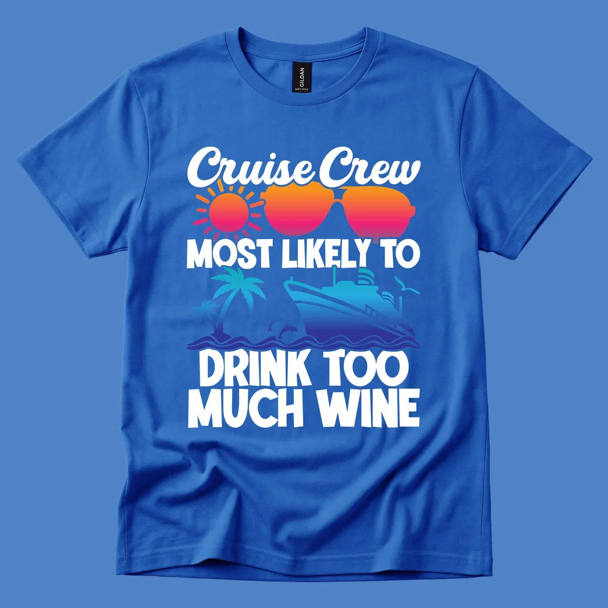 Cruise crew wine superlative design with sunglasses, sun, palm tree, dolphins, and ship on tropical ocean background