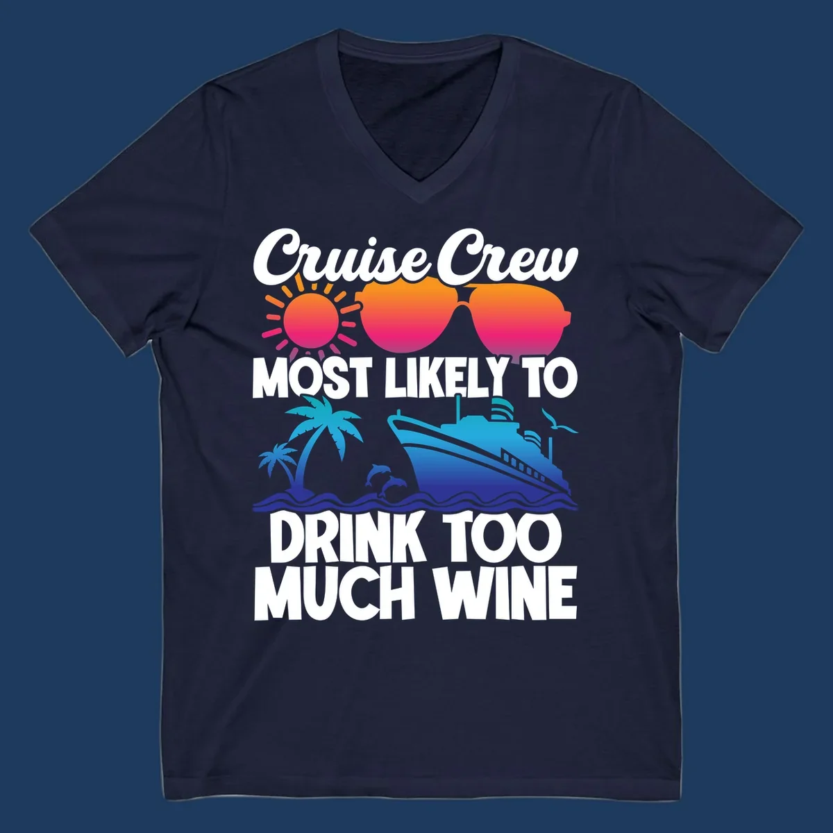 Cruise crew wine superlative design with sunglasses, sun, palm tree, dolphins, and ship on tropical ocean background
