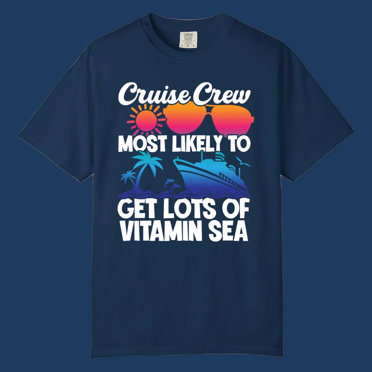 Colorful cruise crew design with sun, sunglasses, palm trees, dolphins, and ship with 'vitamin sea' text