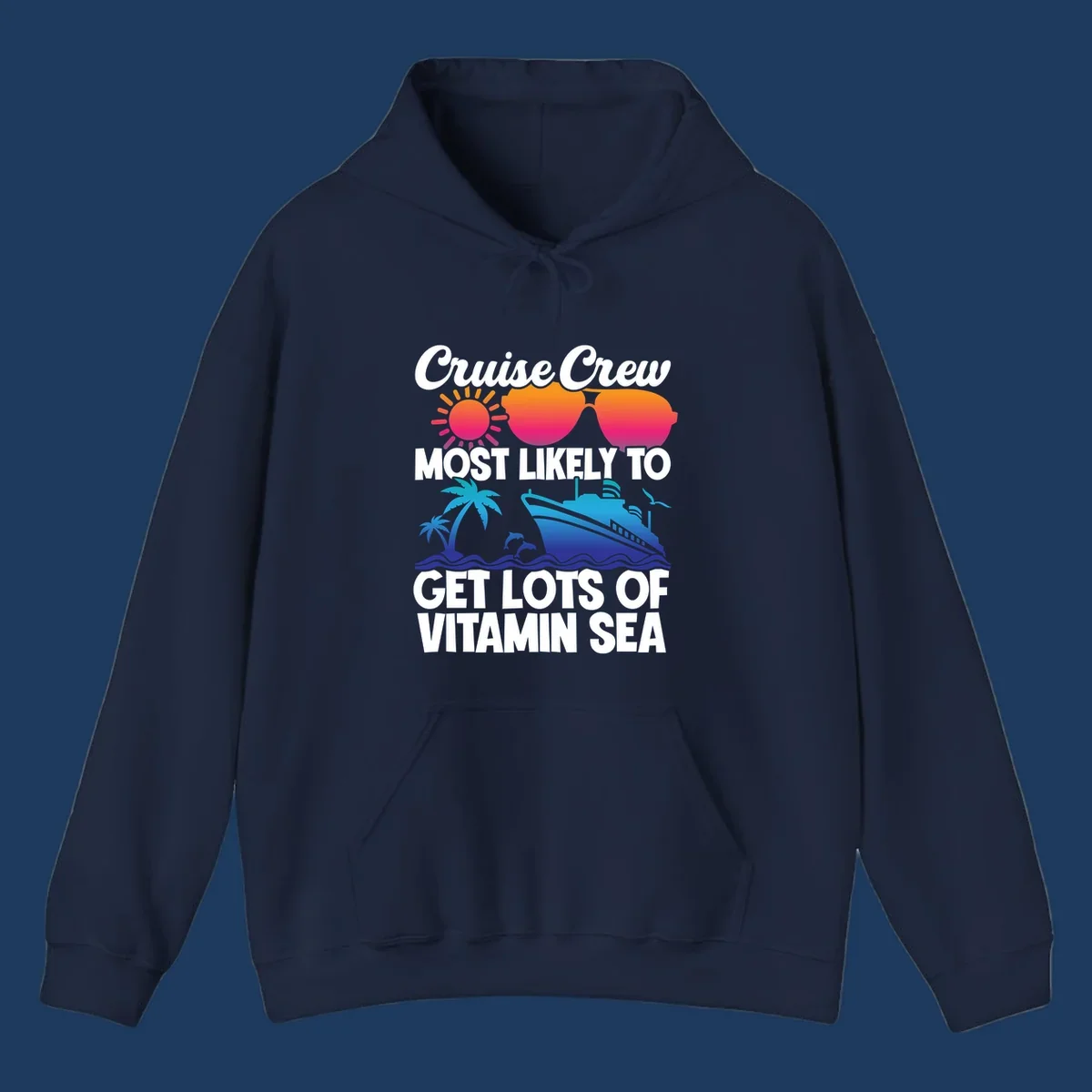 Colorful cruise crew design with sun, sunglasses, palm trees, dolphins, and ship with 'vitamin sea' text