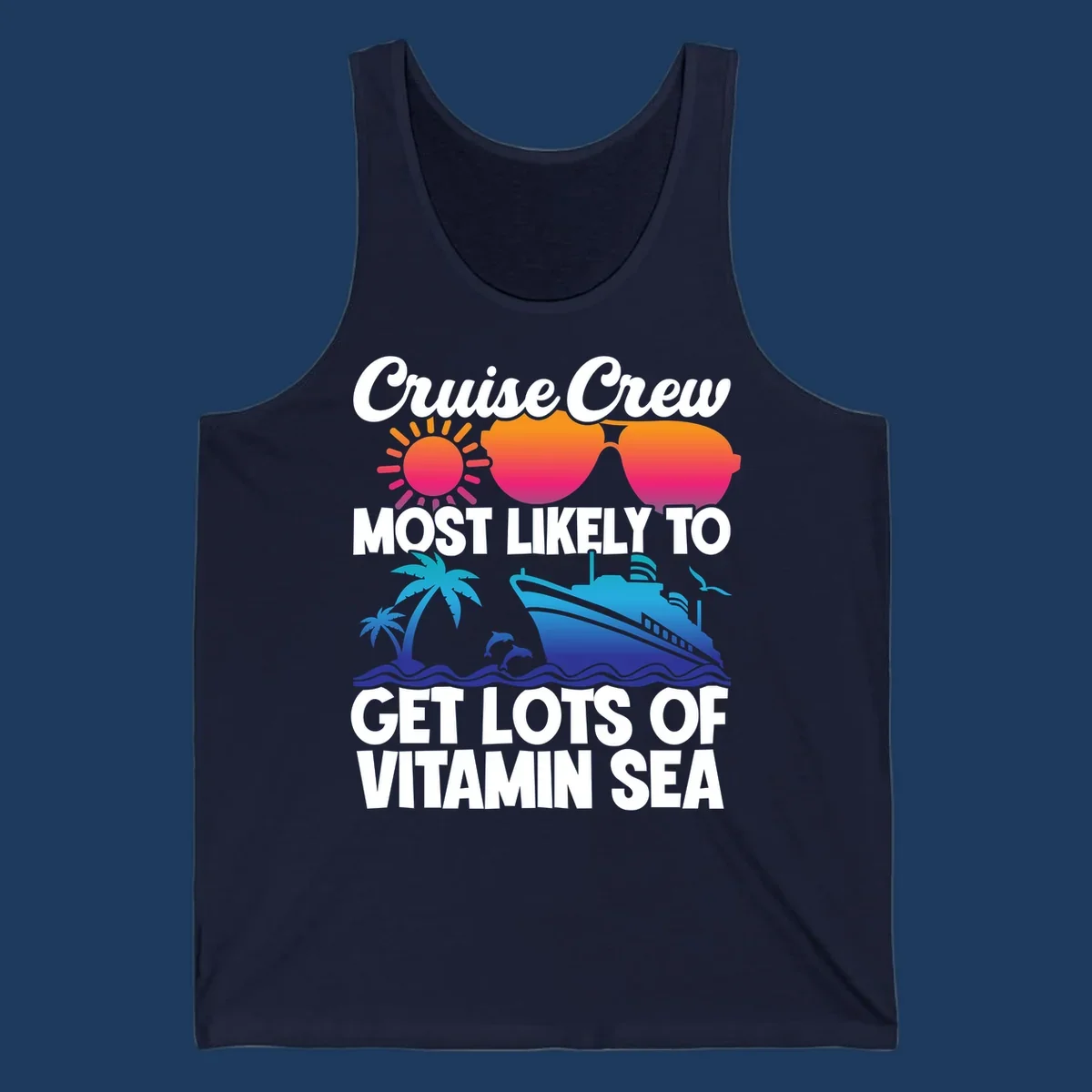 Colorful cruise crew design with sun, sunglasses, palm trees, dolphins, and ship with 'vitamin sea' text