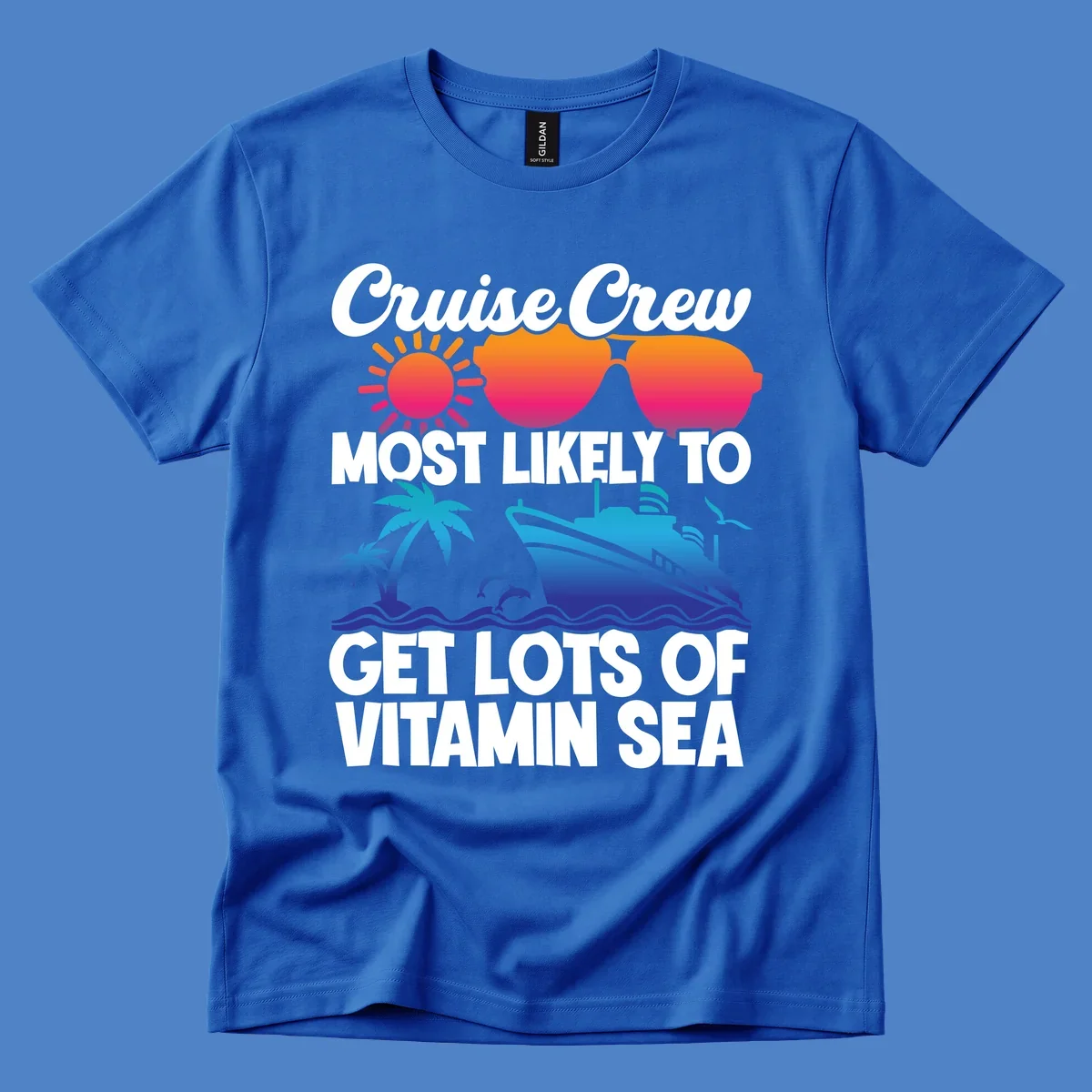 Colorful cruise crew design with sun, sunglasses, palm trees, dolphins, and ship with 'vitamin sea' text