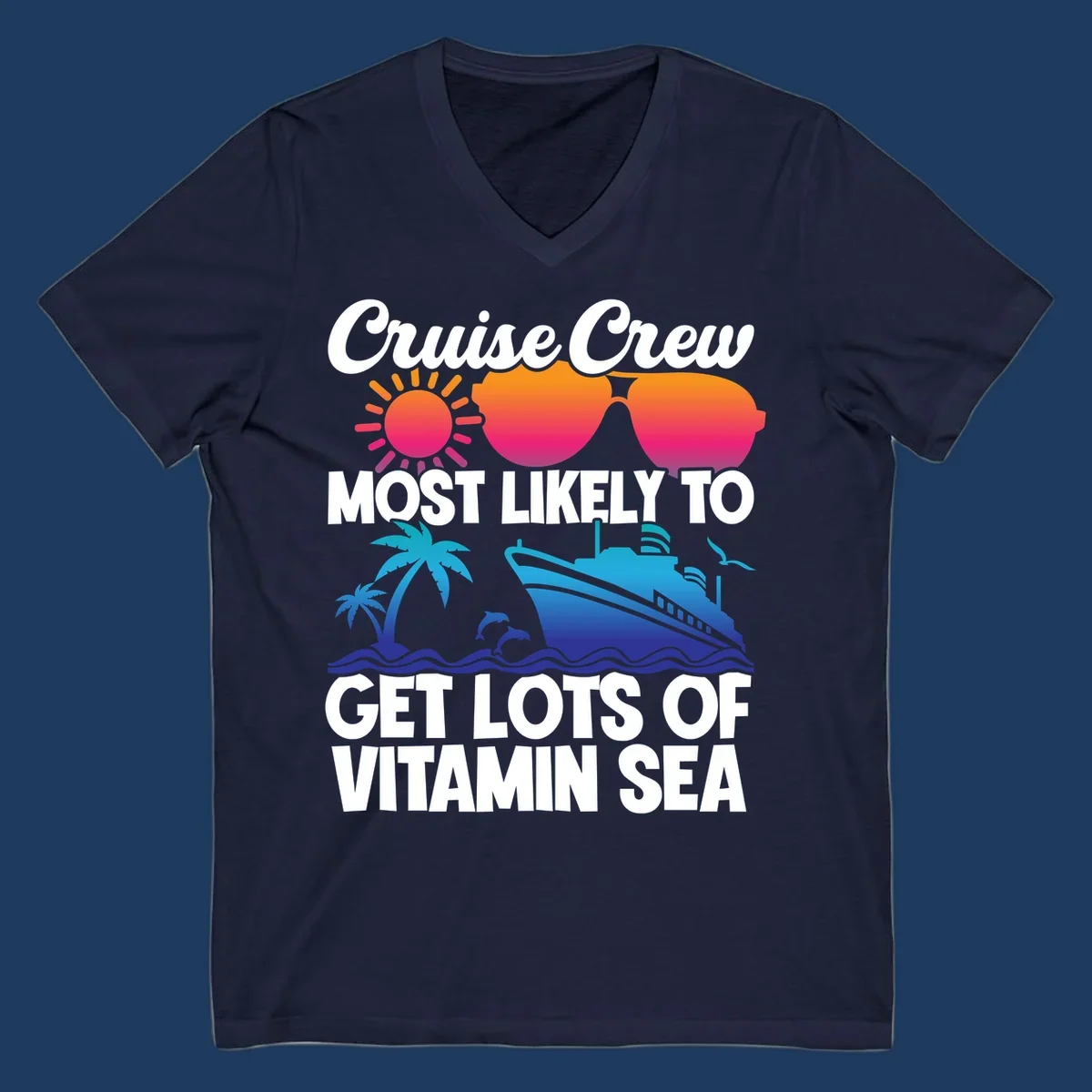 Colorful cruise crew design with sun, sunglasses, palm trees, dolphins, and ship with 'vitamin sea' text